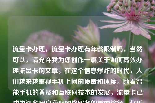 流量卡办理，流量卡办理有年龄限制吗，当然可以	，请允许我为您创作一篇关于如何高效办理流量卡的文章。在这个信息爆炸的时代，人们越来越重视手机上网的质量和速度。随着智能手机的普及和互联网技术的发展，流量卡已成为许多用户获取网络服务的重要途径	。亿乐社区SUP货源站  第1张